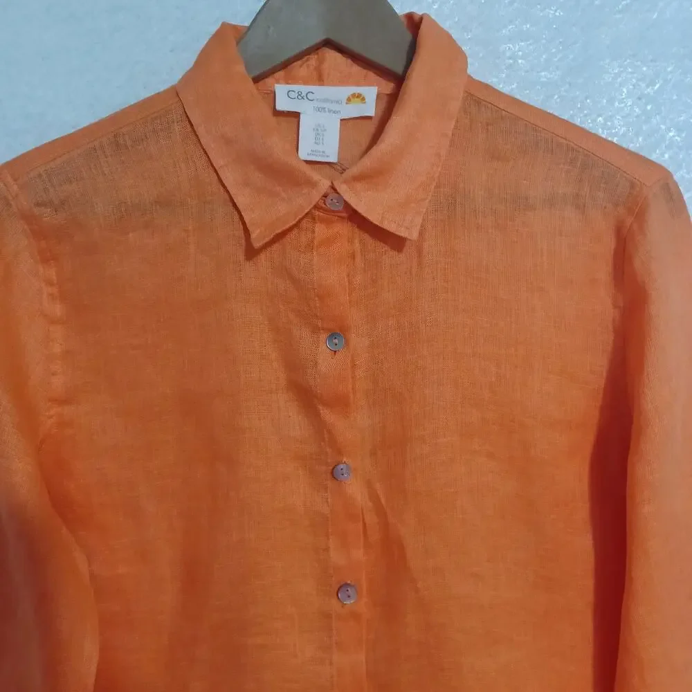 C&C California Linen Button Up Shirt Size S Orange Long Sleeve Tunic Top NEW - Picture 3 of 8